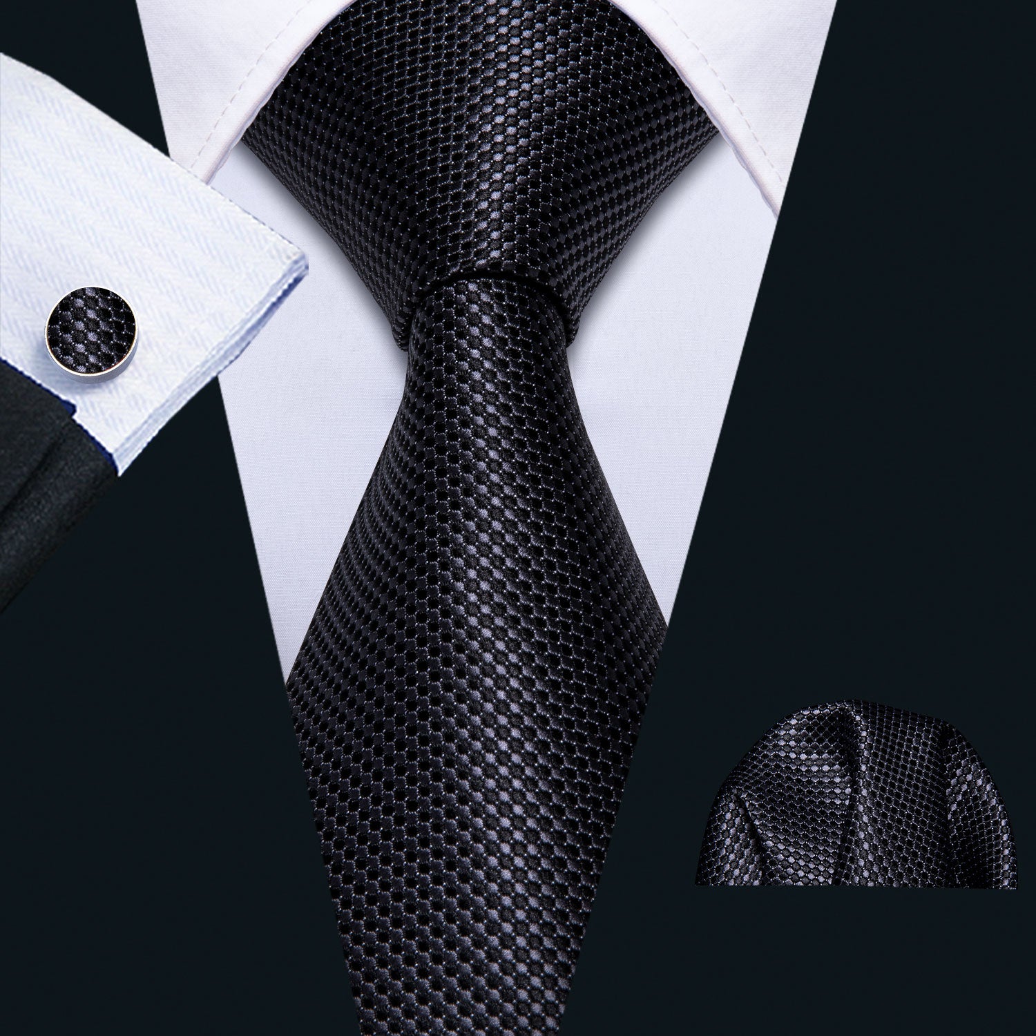 Barry. Wang Black Necktie Silk Mens Solid Silk Tie Handkerchief Cufflinks Set for Business