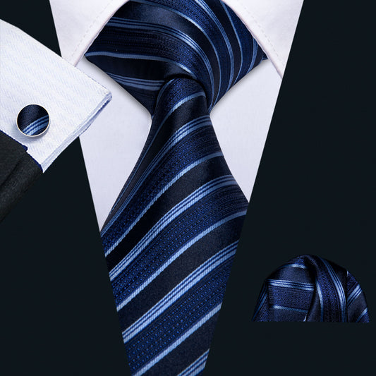 Deep Blue Striped Silk Men Tie Pocket Square Cufflinks Set