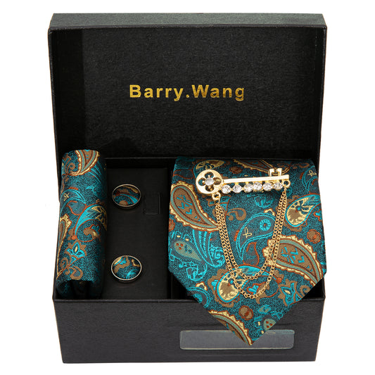Barry. Wang Green Brown Paisley Necktie Alloy Lapel Pin Brooch Pocket Square Cufflinks Gift Box Set