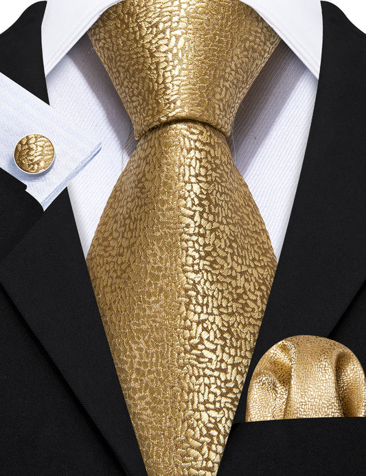 Barry. Wang Mens Golden Tie Solid Silk Necktie Pocket Square Cufflinks Set Wedding