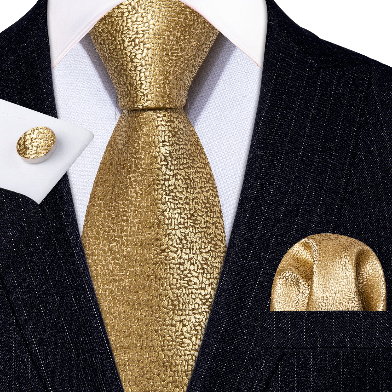 Barry.wang Gold Tie Champagne Solid Tie Pocket Square Cufflinks Set
