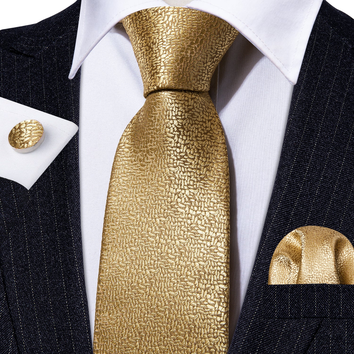 Barry.wang Gold Tie Champagne Solid Tie Pocket Square Cufflinks Set