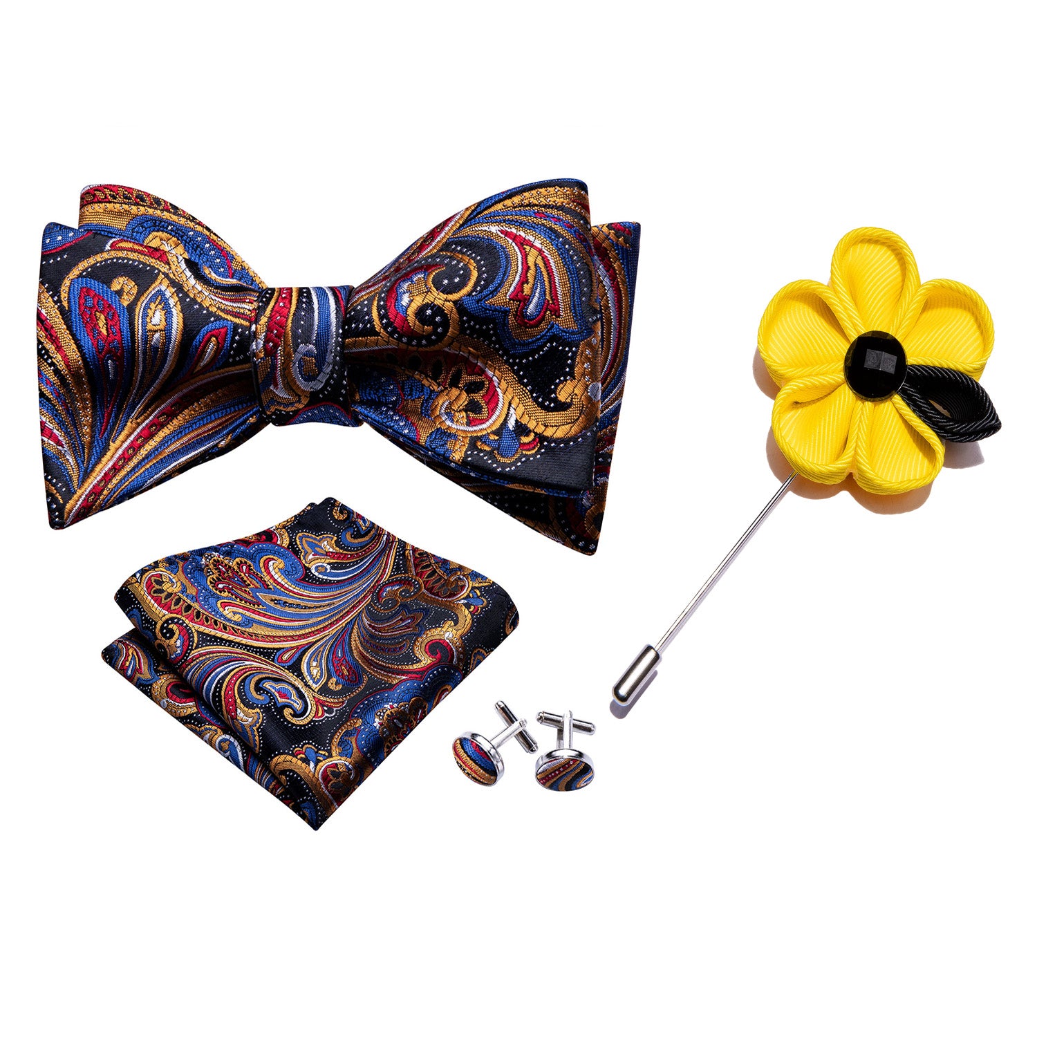 Colorful Paisley Self Tie Bow Tie Hanky Cufflinks Set