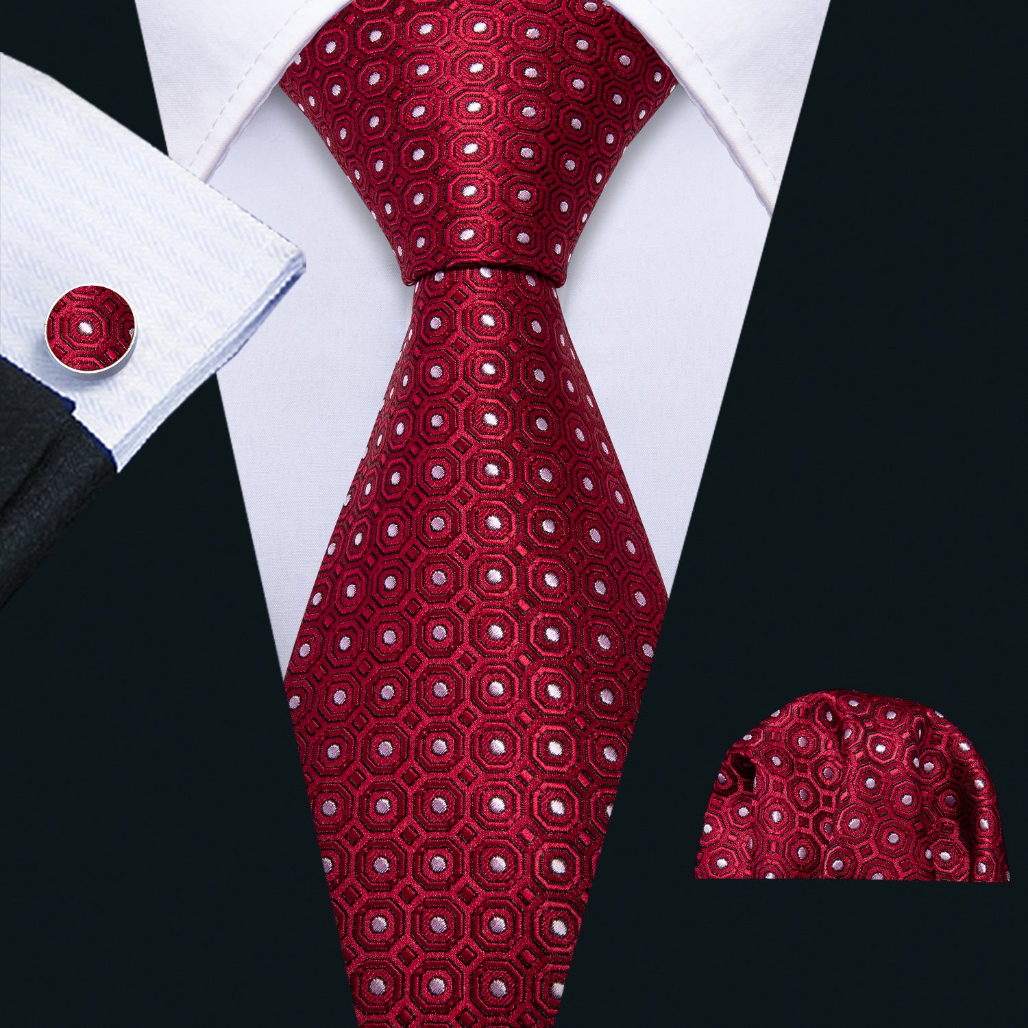 Barry.wang Red Tie White Dot Silk Tie Pocket Square Cufflinks Set for Men
