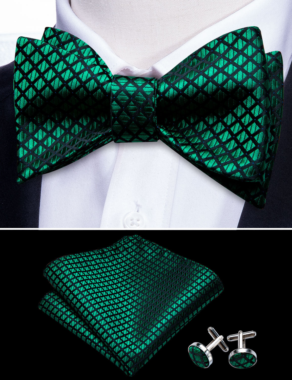 Barry. Wang Emerald Green Bowtie for Men Plaid Self-tied Silk Bow Tie Pocket Square Cufflinks Set