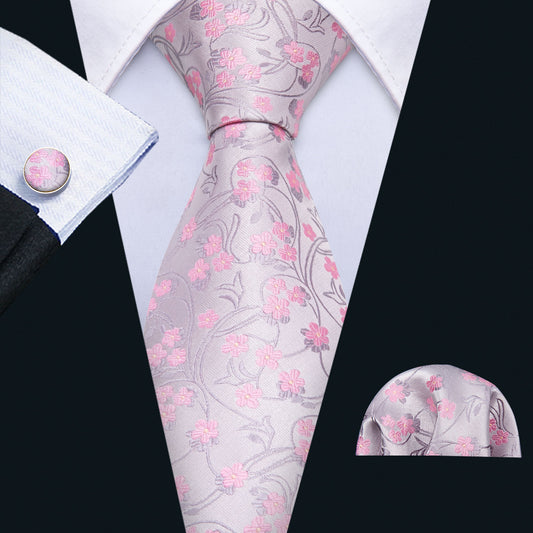 Pink Tie Silver Floral Tie