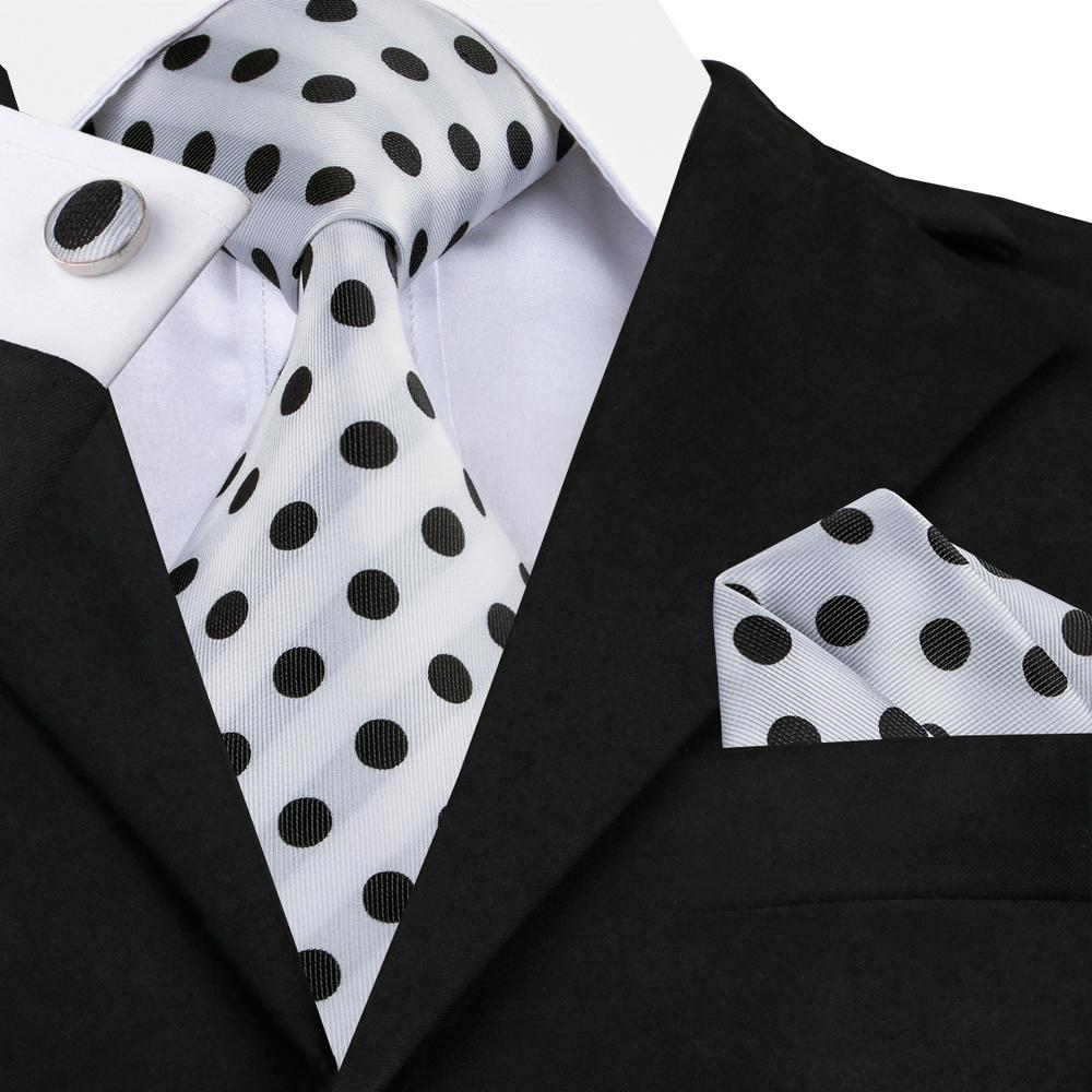 Barry.wang Black Tie White Polka Dot Silk Men’s Tie Pocket Square Cufflinks Set