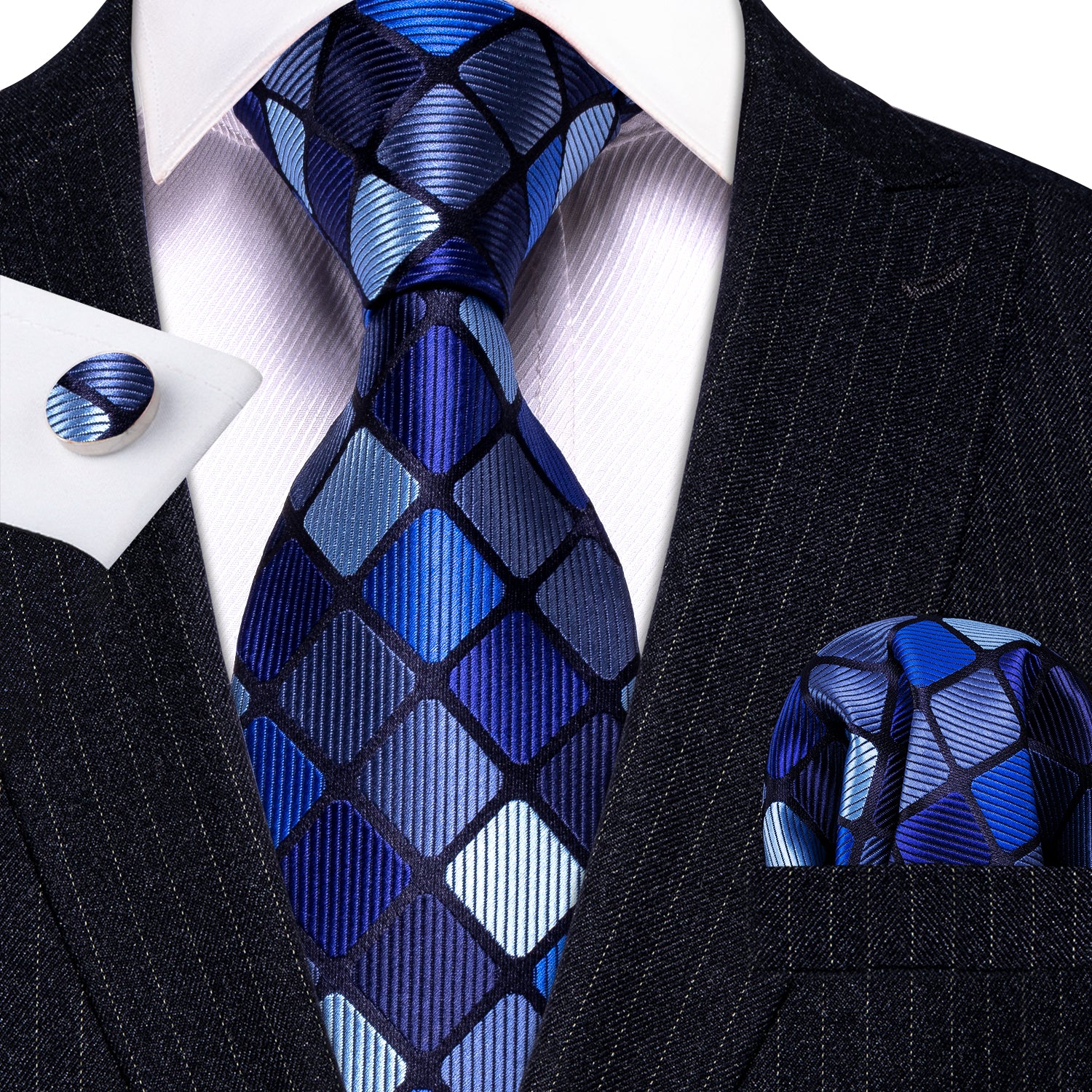 Barry. Wang Men's Navy Blue Necktie Plaid Silk Tie Hanky Cufflinks Set