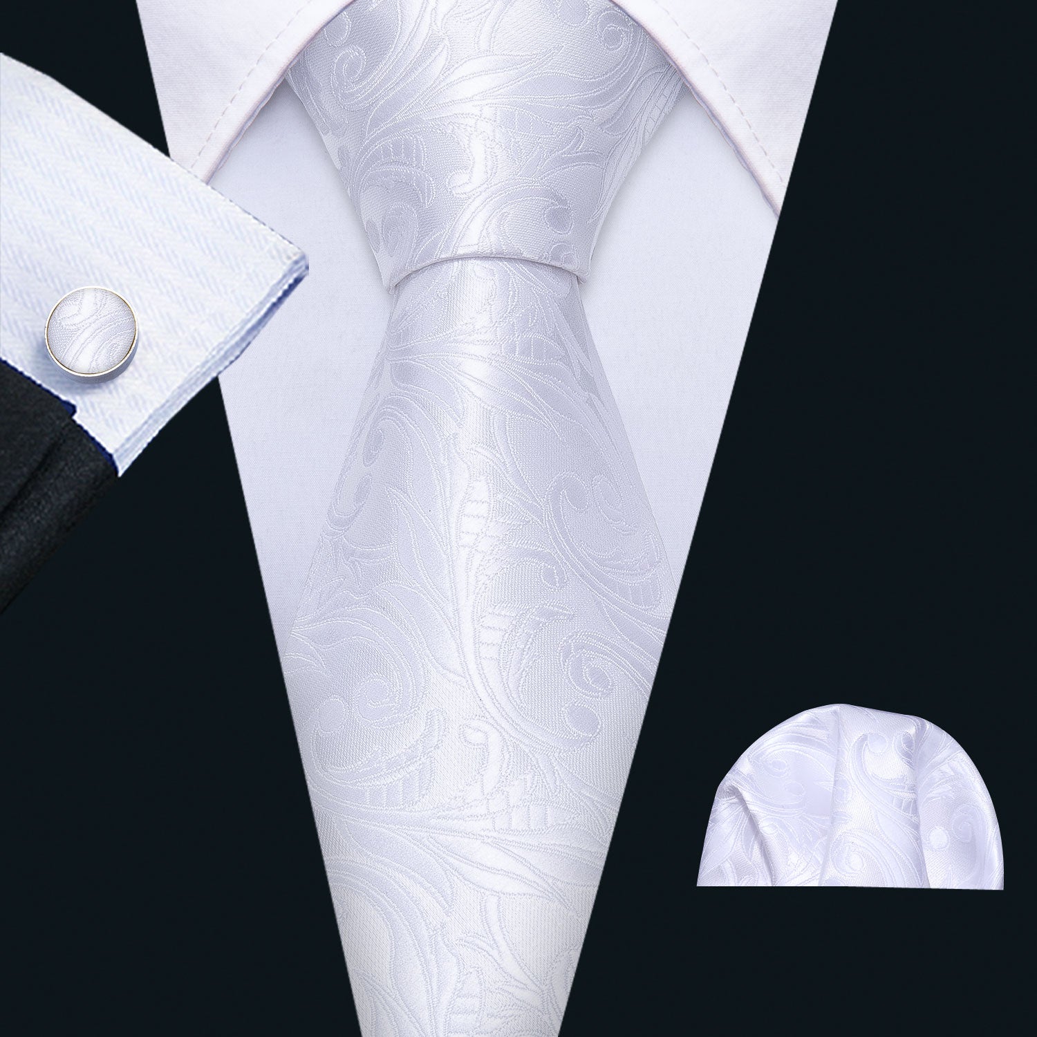 Silver White Floral Tie Pocket Square Cufflinks Set