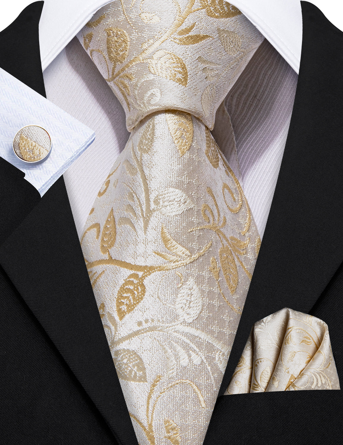 Barry.wang Champagne Tie Golden Floral Tie Pocket Square Cufflinks Set