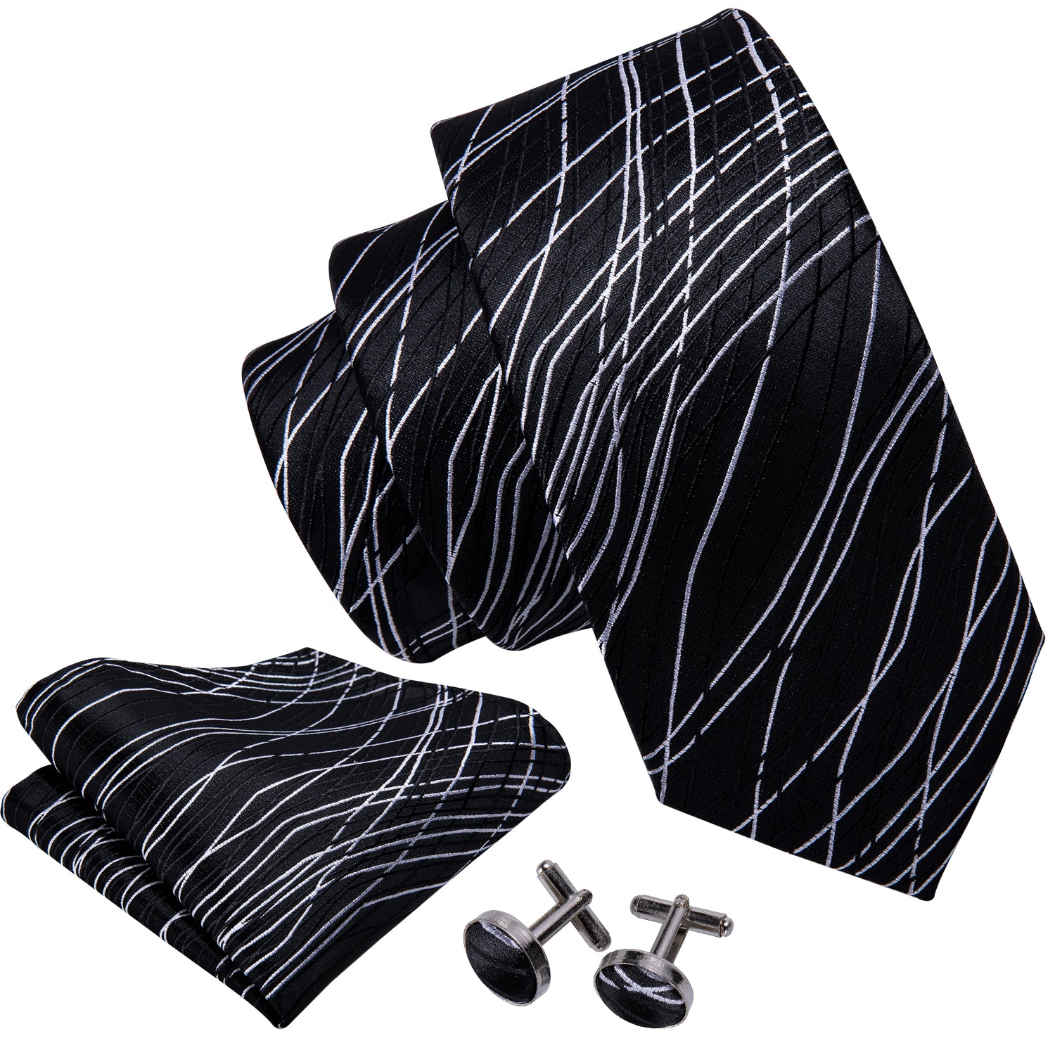 Barry. Wang Silk Black Tie White Line Novelty Silk Necktie Hanky Cufflinks Set for Men Business