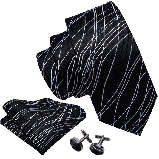 Barry. Wang Silk Black Tie White Line Novelty Silk Necktie Hanky Cufflinks Set for Men Business