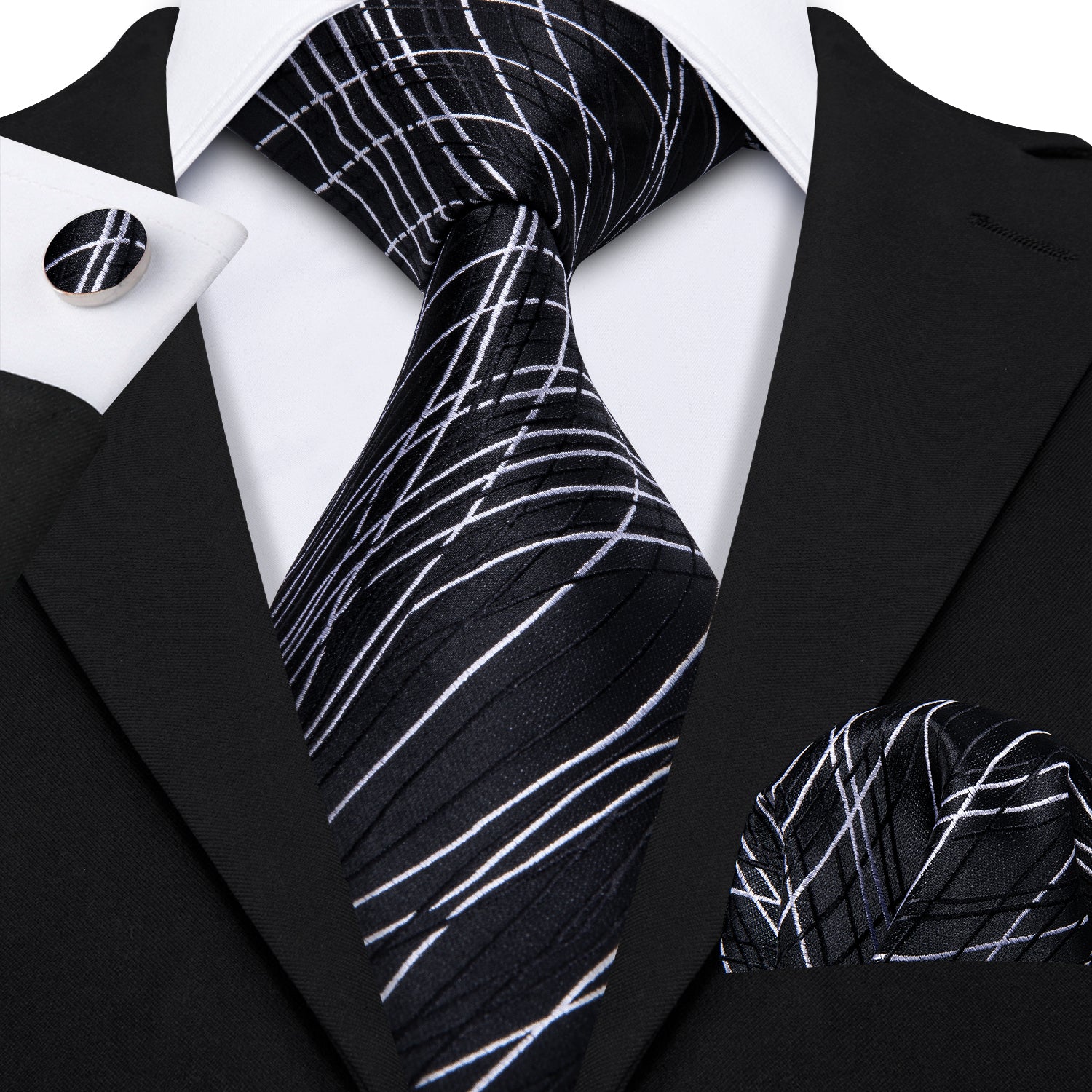 Barry. Wang Silk Black Tie White Line Novelty Silk Necktie Hanky Cufflinks Set for Men Business