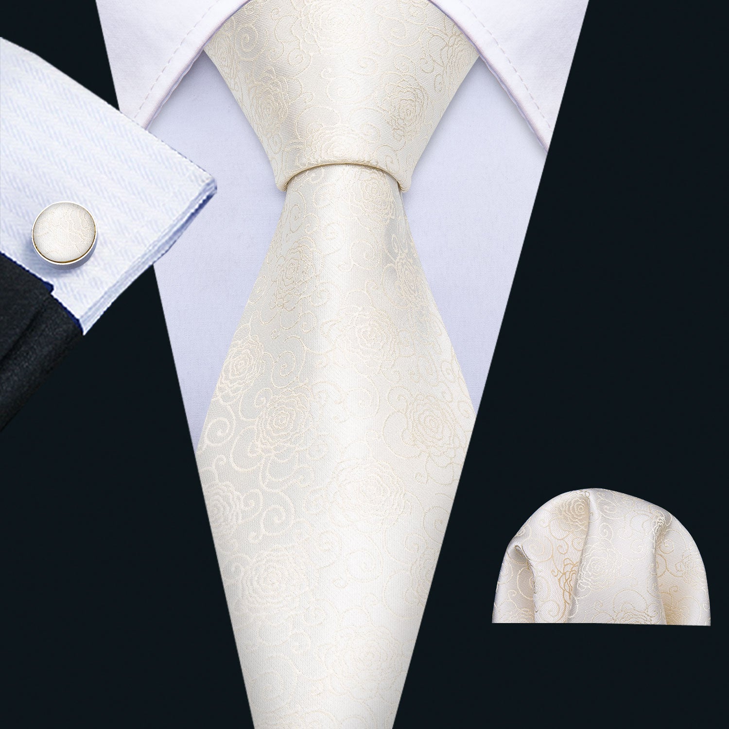 Barry.wang Champagne Tie Beige Floral Silk Tie Pocket Square Cufflinks Set