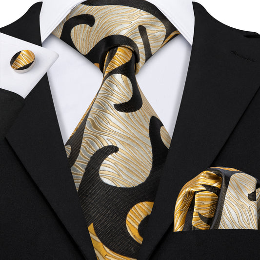Black Yellow Novelty Silk Tie Hanky Cufflinks Set for Men
