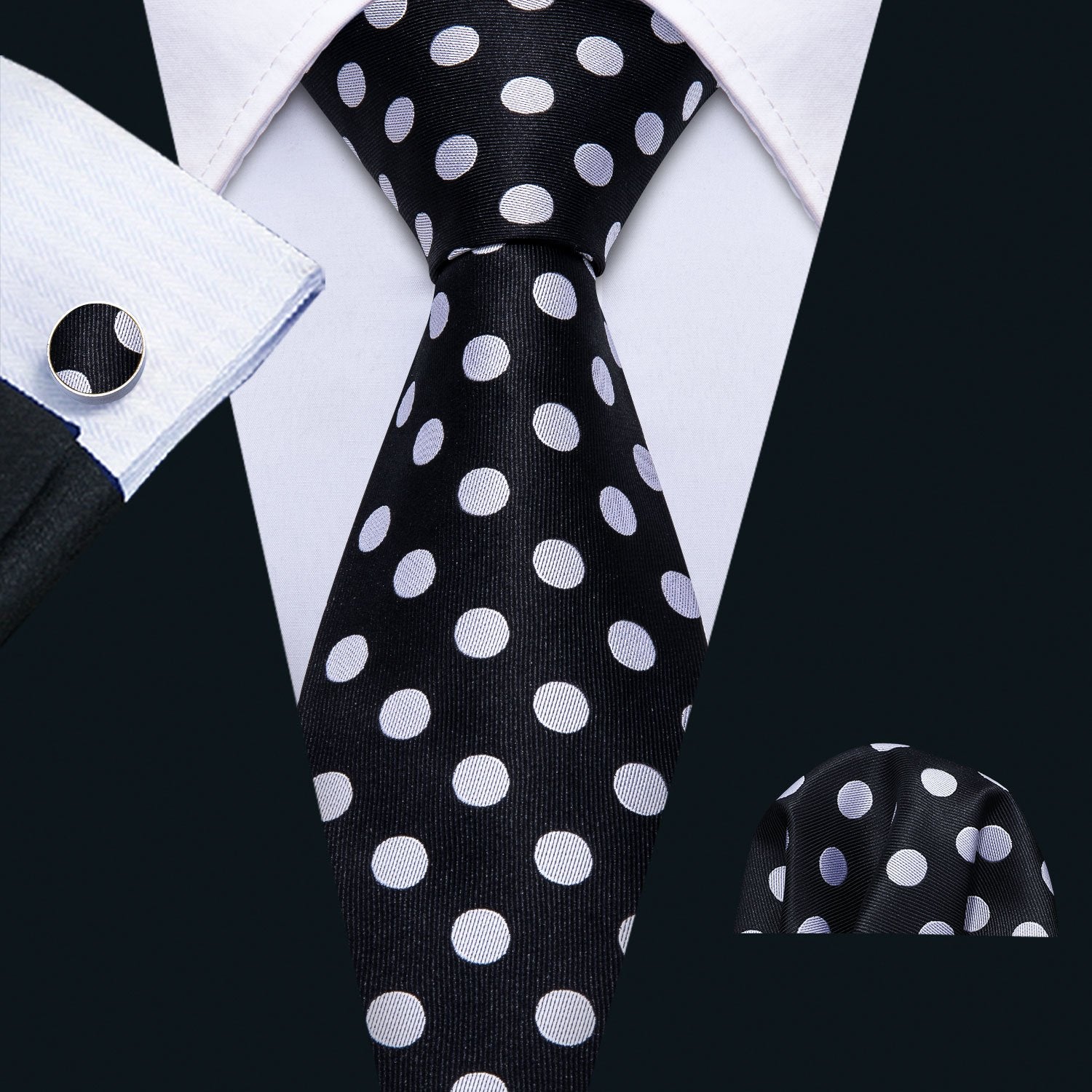 Black White Polka Dot Tie Pocket Square Cufflinks Set 8.5cm Fashion Designer Neckties with Brooches Easy Matching