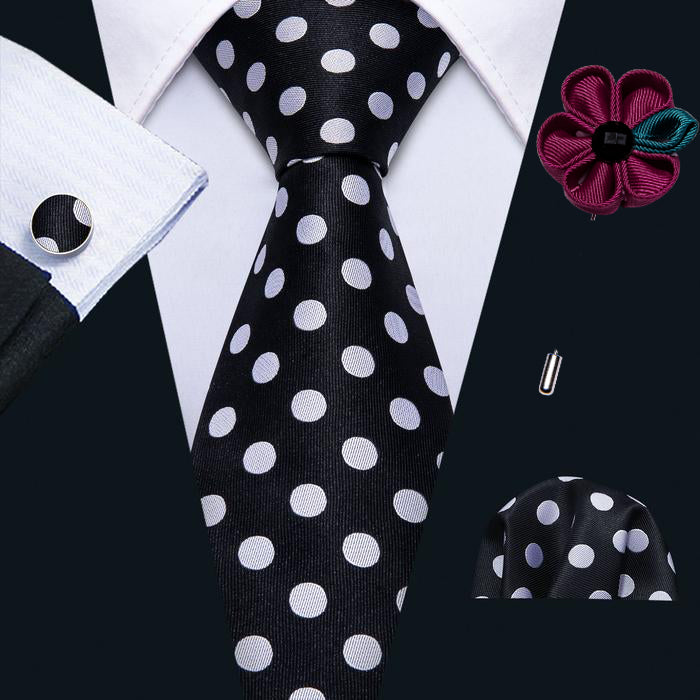 Black White Polka Dot Tie Pocket Square Cufflinks Set 