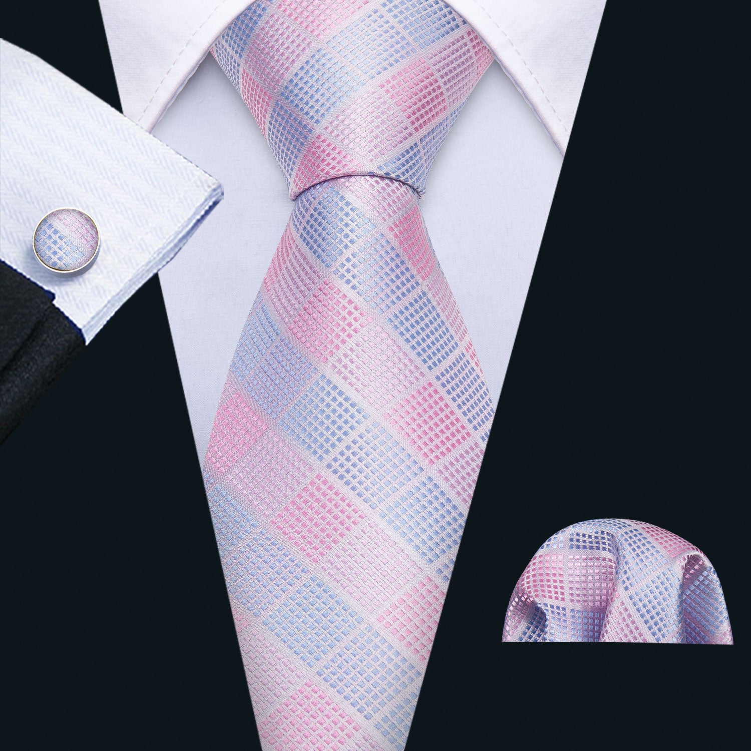 Barry. Wang Pink Tie Sky-blue Plaid Men's Silk Tie Hanky Cufflinks Set Barry. Wang Pink Tie Sky-blue Plaid Men's Silk Tie Hanky Cufflinks Set