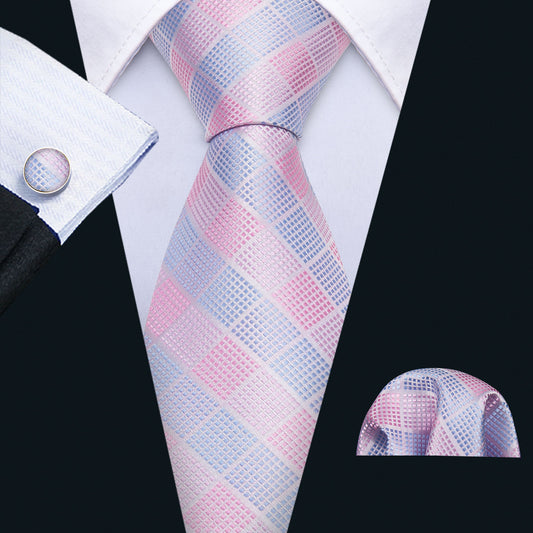 Pink Tie Sky-blue Plaid Men's Silk Tie