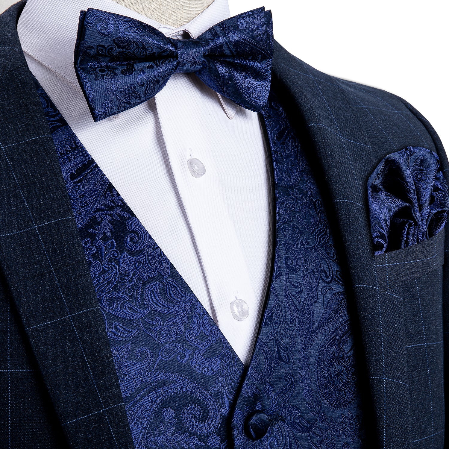 Wang Mens Navy Blue Vest Paisley Suit 4PCS Vest Bowtie Hanky Cu