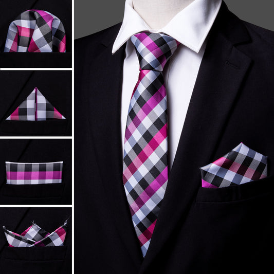 Checkered Necktie Pink Gray Tie Pocket Square Cufflinks Set