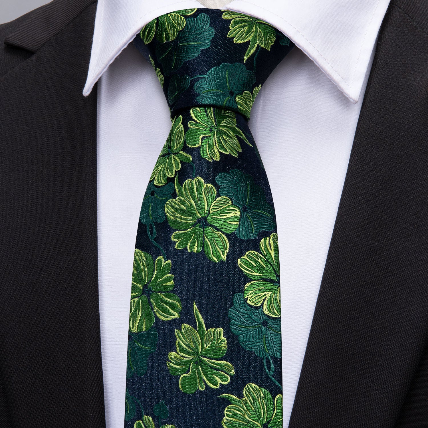 Barry Wang Green Tie Jacquard Floral Silk Tie Handkerchief Cufflinks Set for Men