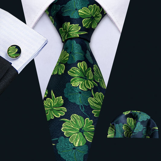 Barry. Wang Green Tie Jacquard Floral Silk Tie Handkerchief Cufflinks Set for Men