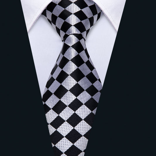 Barry. Wang Awesome Black Plaid Tie Pocket Square Cufflinks Set