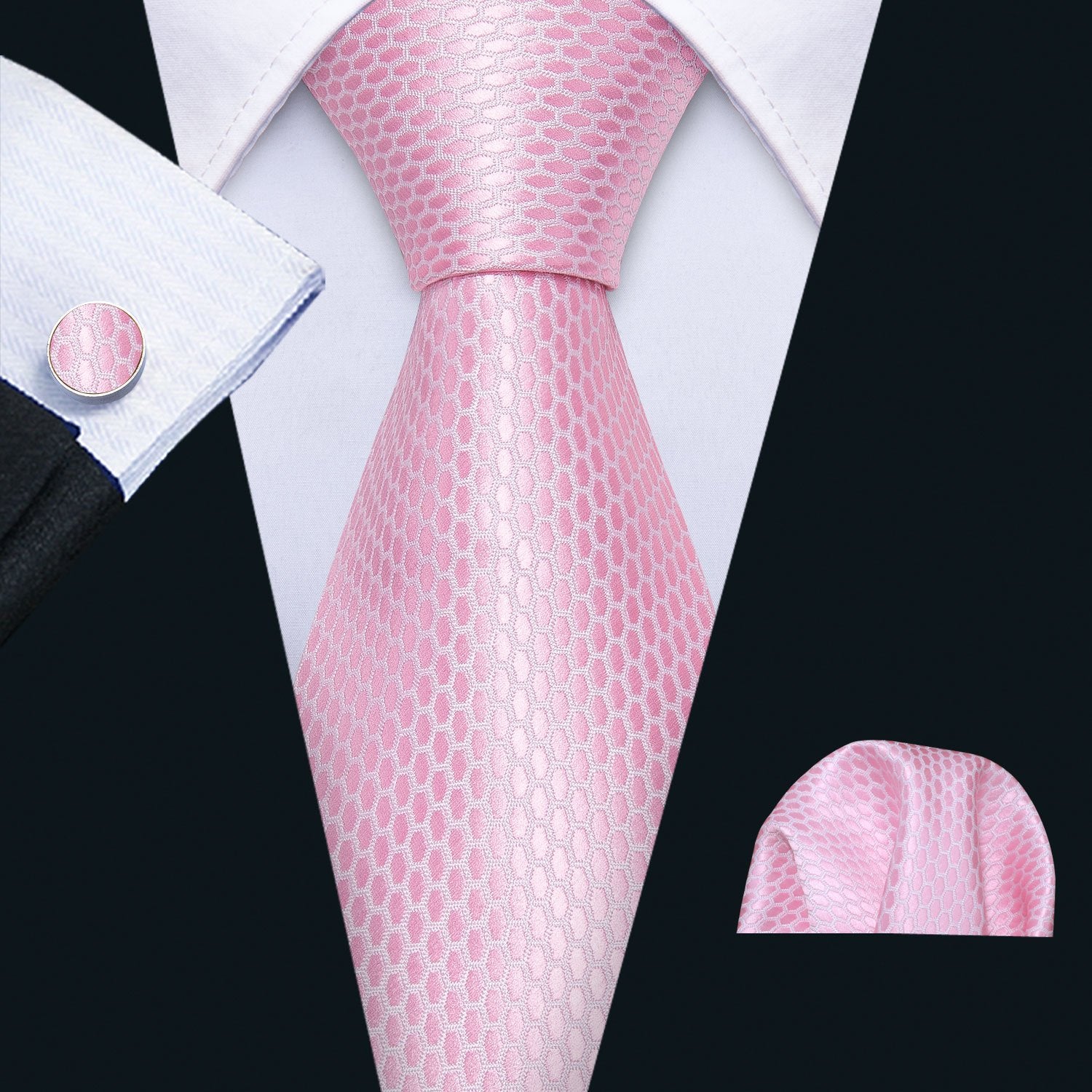 Pink Solid Necktie Pocket Square Cufflinks Tie Ring Set
