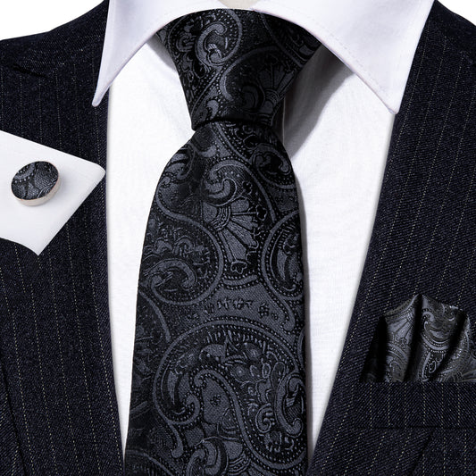 Barry. Wang Classic Black Floral Silk Tie Hanky Cufflinks Set