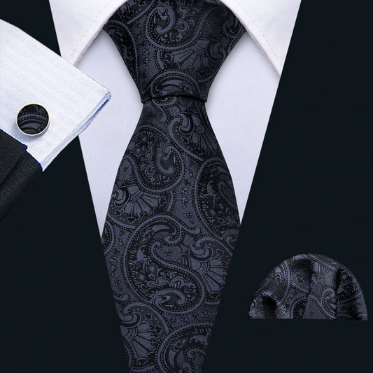 Barry. Wang Classic Black Floral Silk Tie Hanky Cufflinks Set