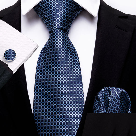 Dark Blue Plaid Office Men Tie Pocket Square Cufflinks Set