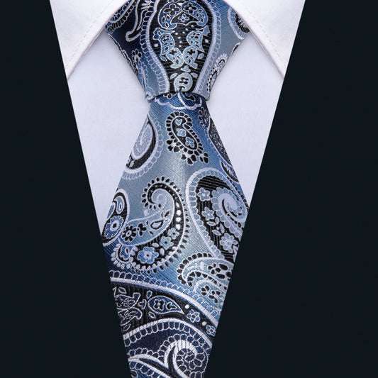 Necktie Blue Black Paisley Tie Pocket Square Cufflinks Set