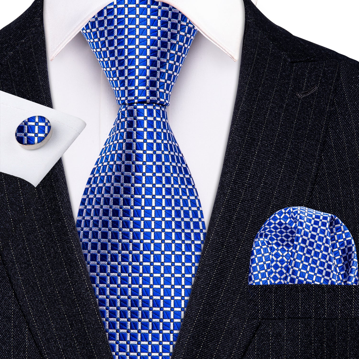 Black suit  Blue Silver plaid necktie with white shirt