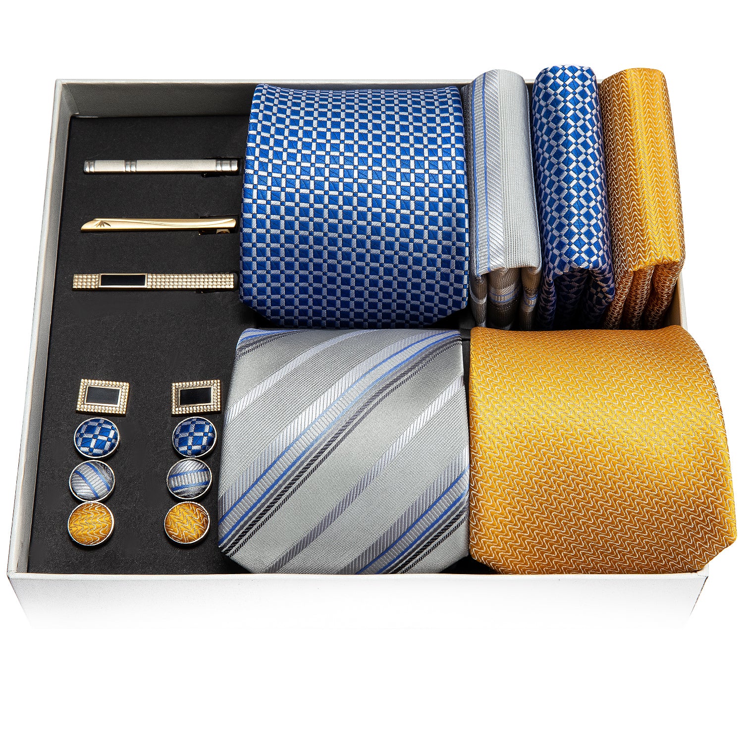 Blue Grey Golden Plaid Silk Wedding Necktie Pocket Square Gift Box Set