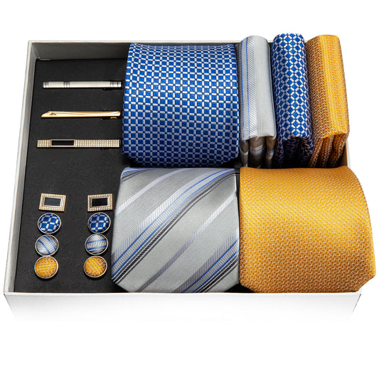 Barry. Wang Blue Grey Golden Plaid Silk Wedding Necktie Pocket Square Gift Box Set