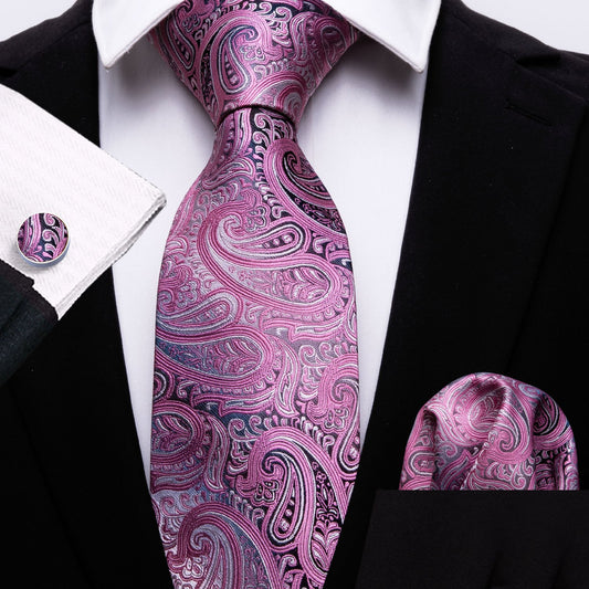 Barry. Wang Pink Paisley Necktie Alloy Lapel Pin Brooch Pocket Square Cufflinks Gift Box Set