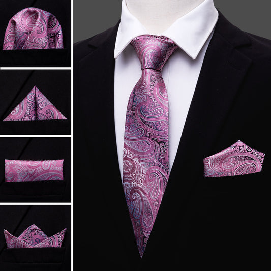 Men's Necktie Pink Paisley Tie Pocket Square Cufflinks Set