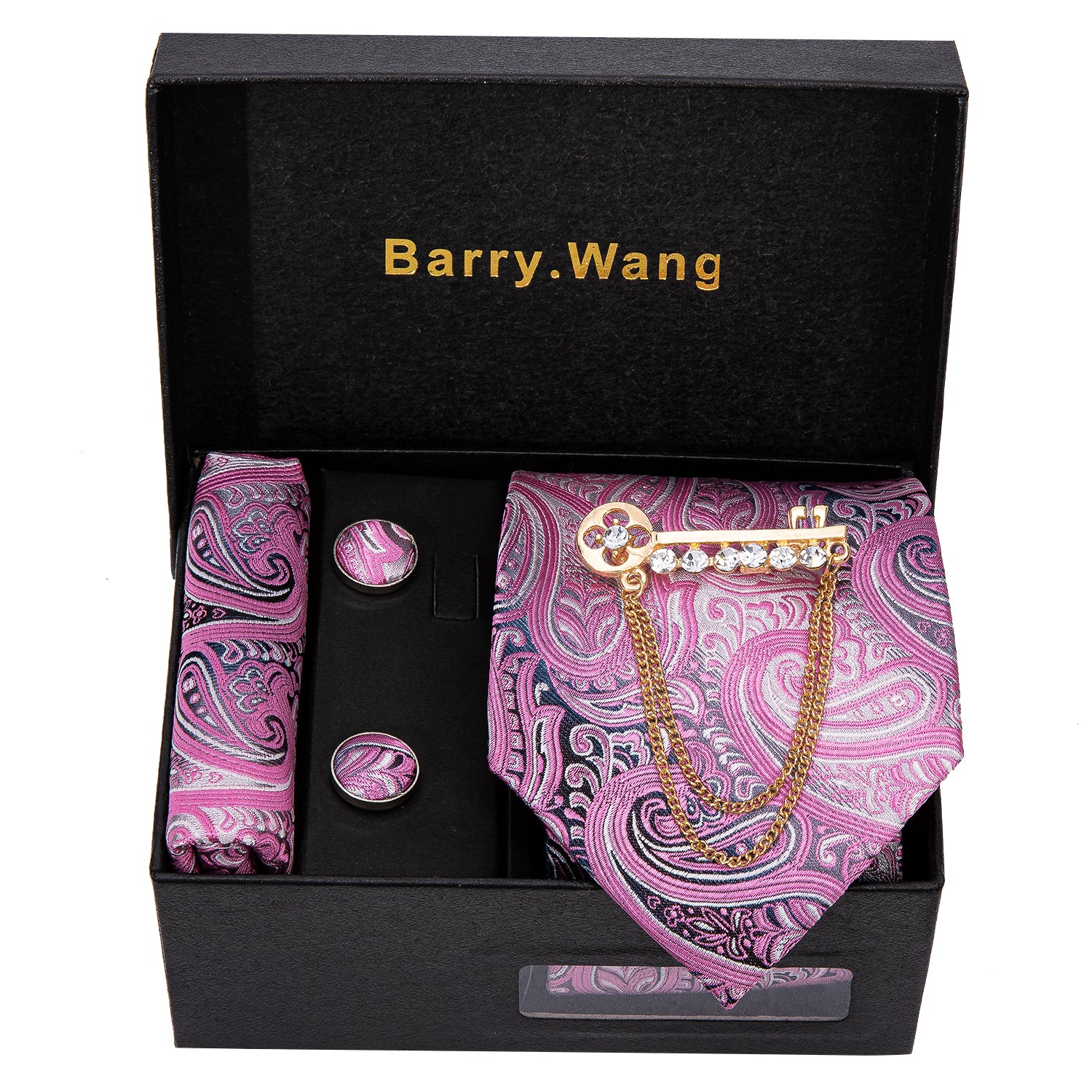 Barry. Wang Pink Paisley Necktie Alloy Lapel Pin Brooch Pocket Square Cufflinks Gift Box Set