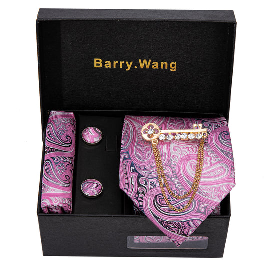 Barry. Wang Pink Paisley Necktie Alloy Lapel Pin Brooch Pocket Square Cufflinks Gift Box Set