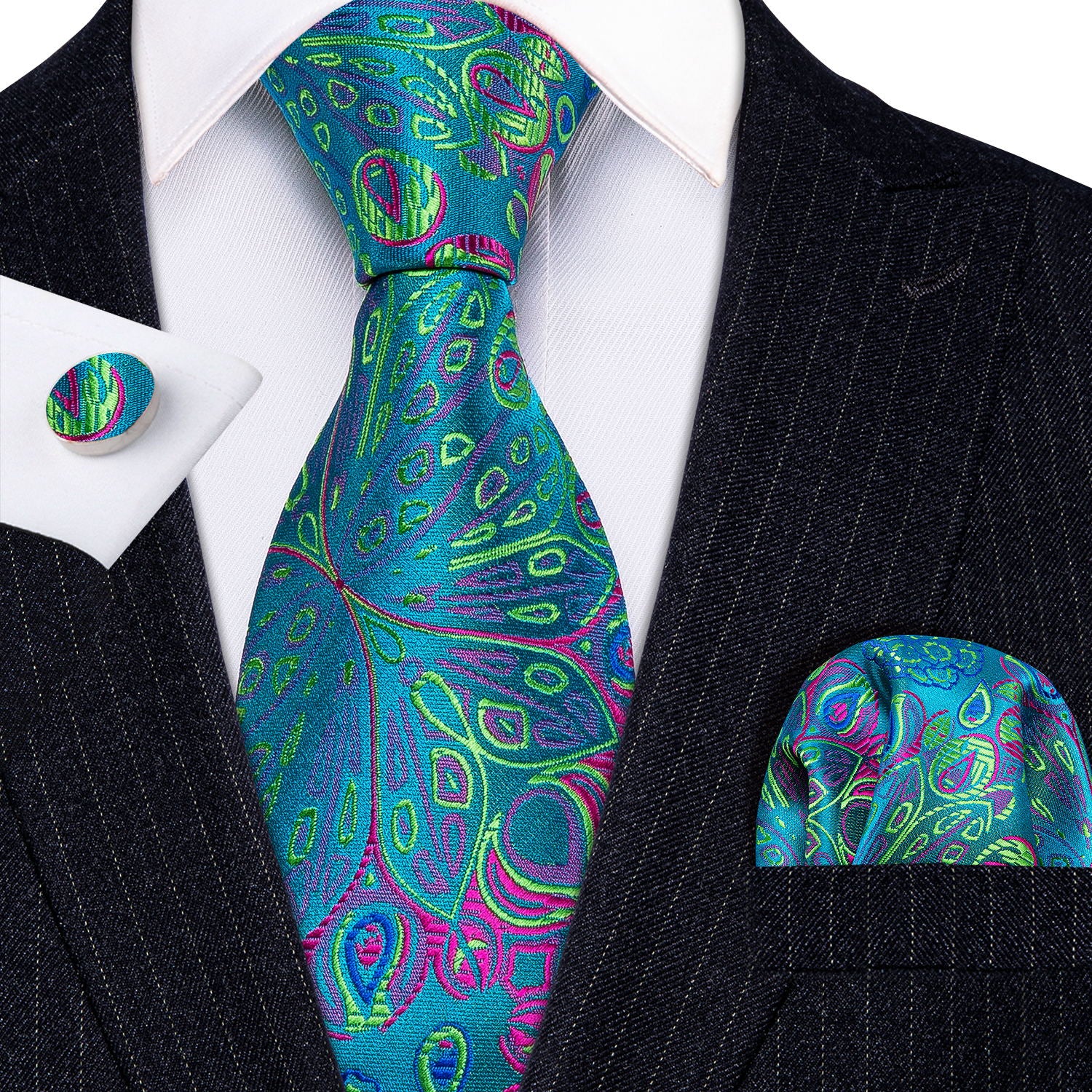 Barry Wang Blue Tie Green Floral Tie Pocket Square Cufflinks Set