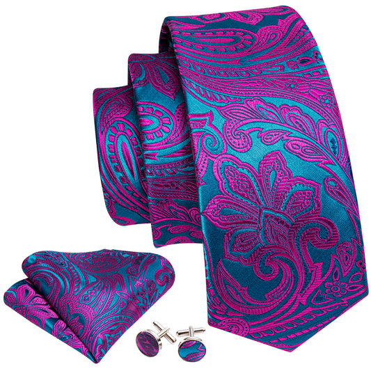 Purple Mens Necktie Paisley Tie Pocket Square Cufflinks Set