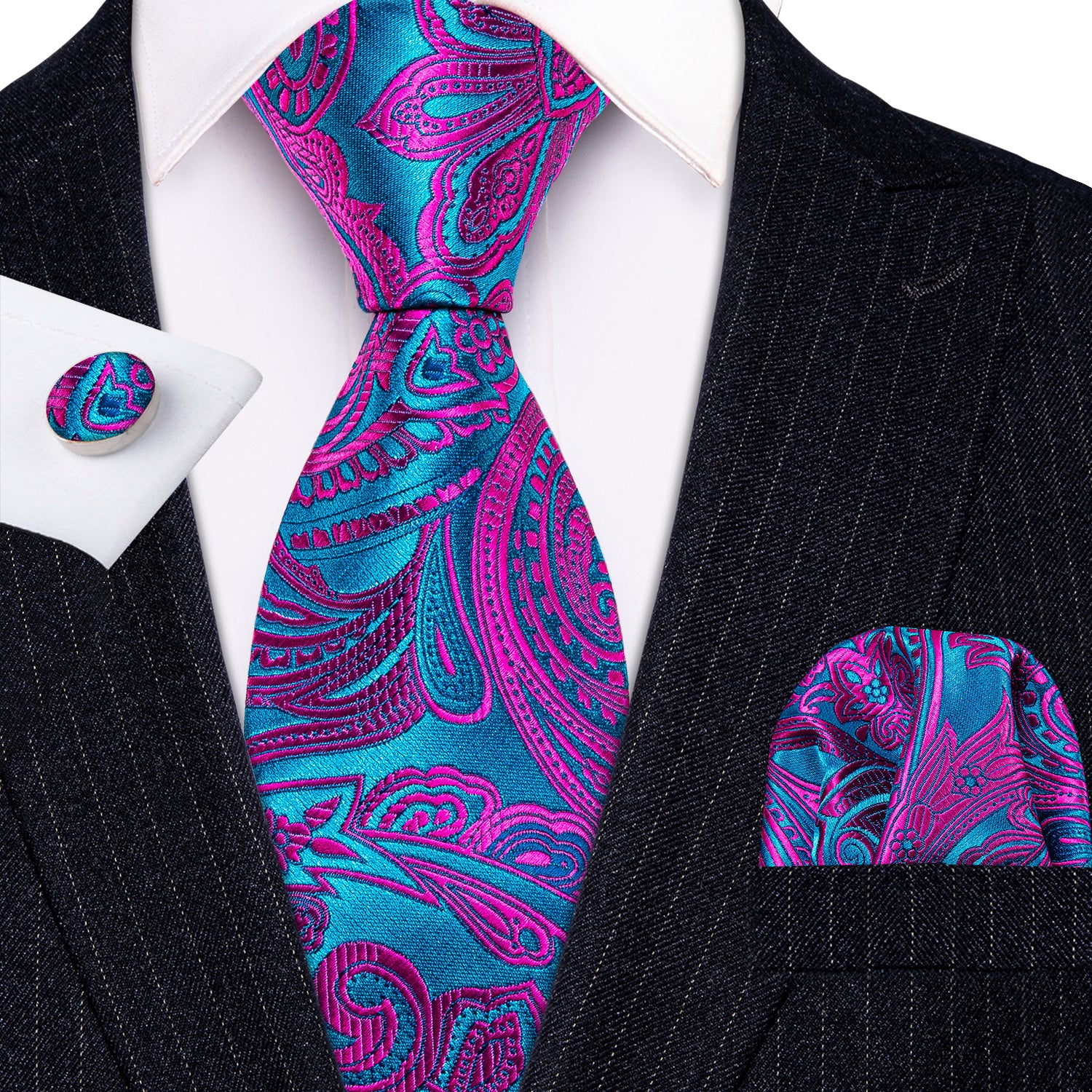 Purple Mens Necktie Paisley Tie Pocket Square Cufflinks Set