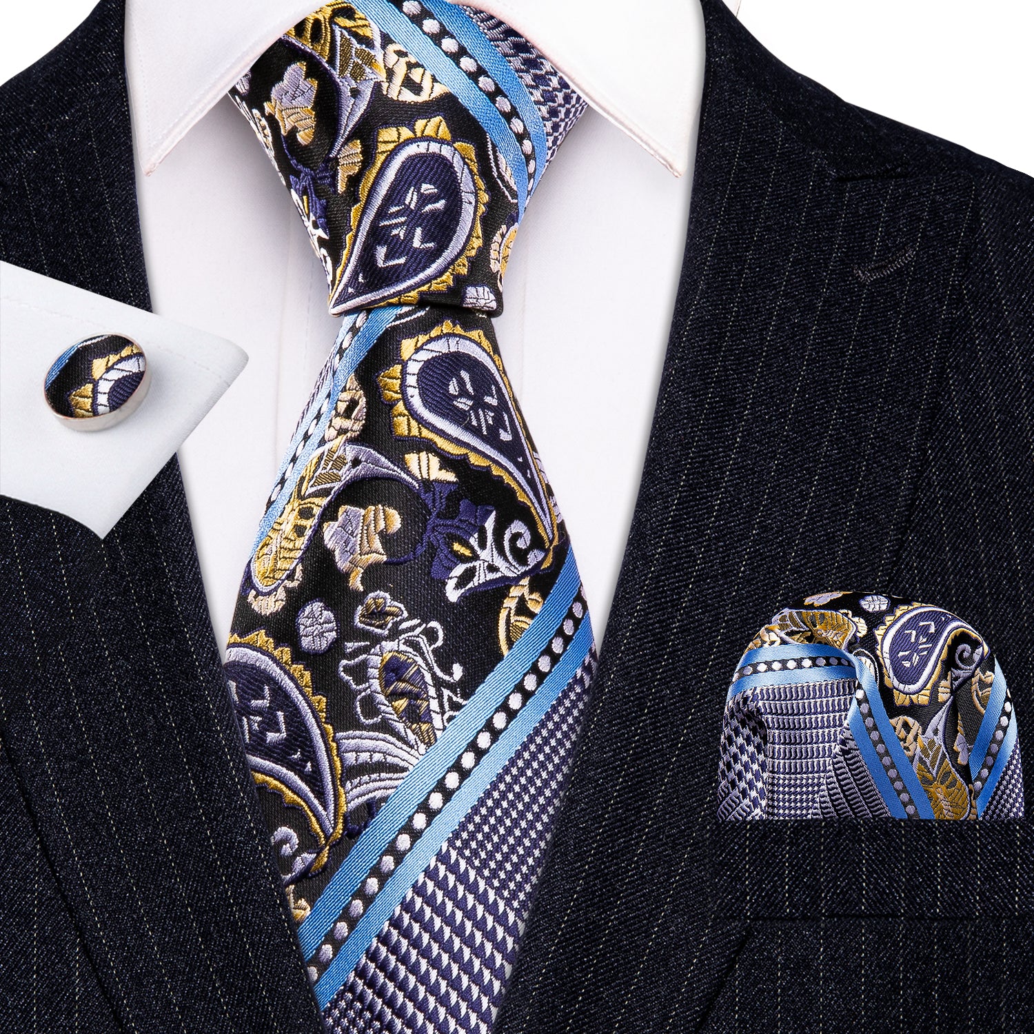Grey Blue Novelty Tie Pocket Square Cufflinks Set