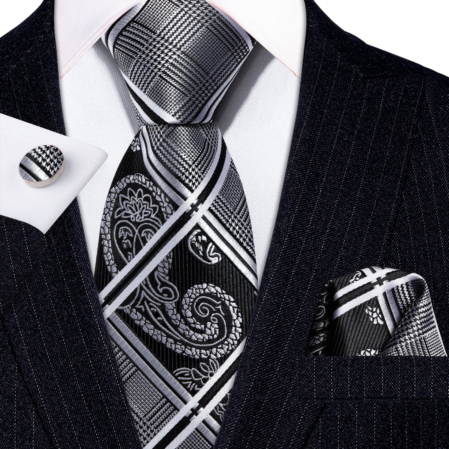 Barry. Wang Black Tie Grey Plaid Men's Tie Pocket Square Cufflinks Set