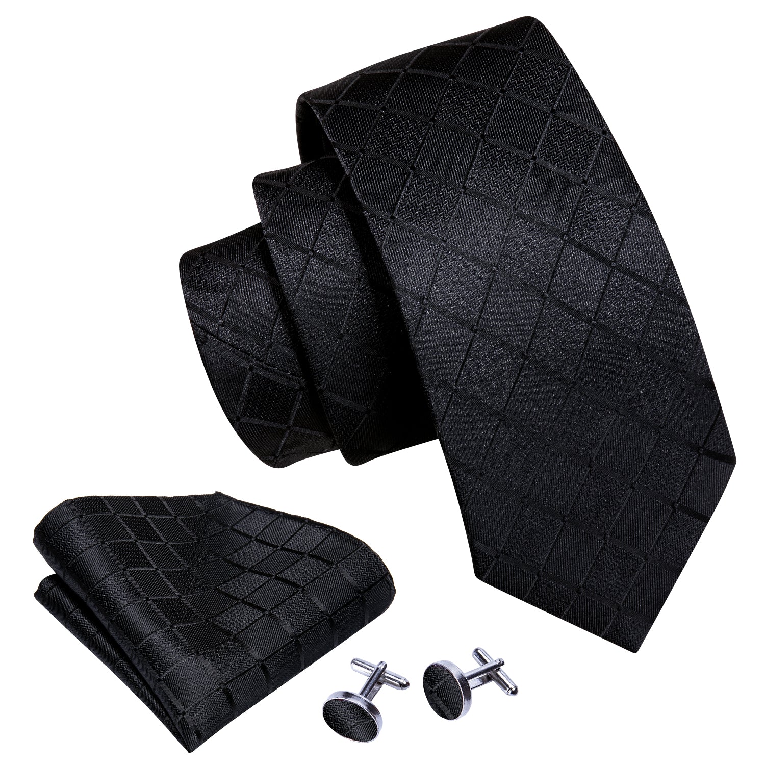 Barry.wang Black Tie Plaid Silk Men's Tie Set Tie Pocket Square Cufflinks Set