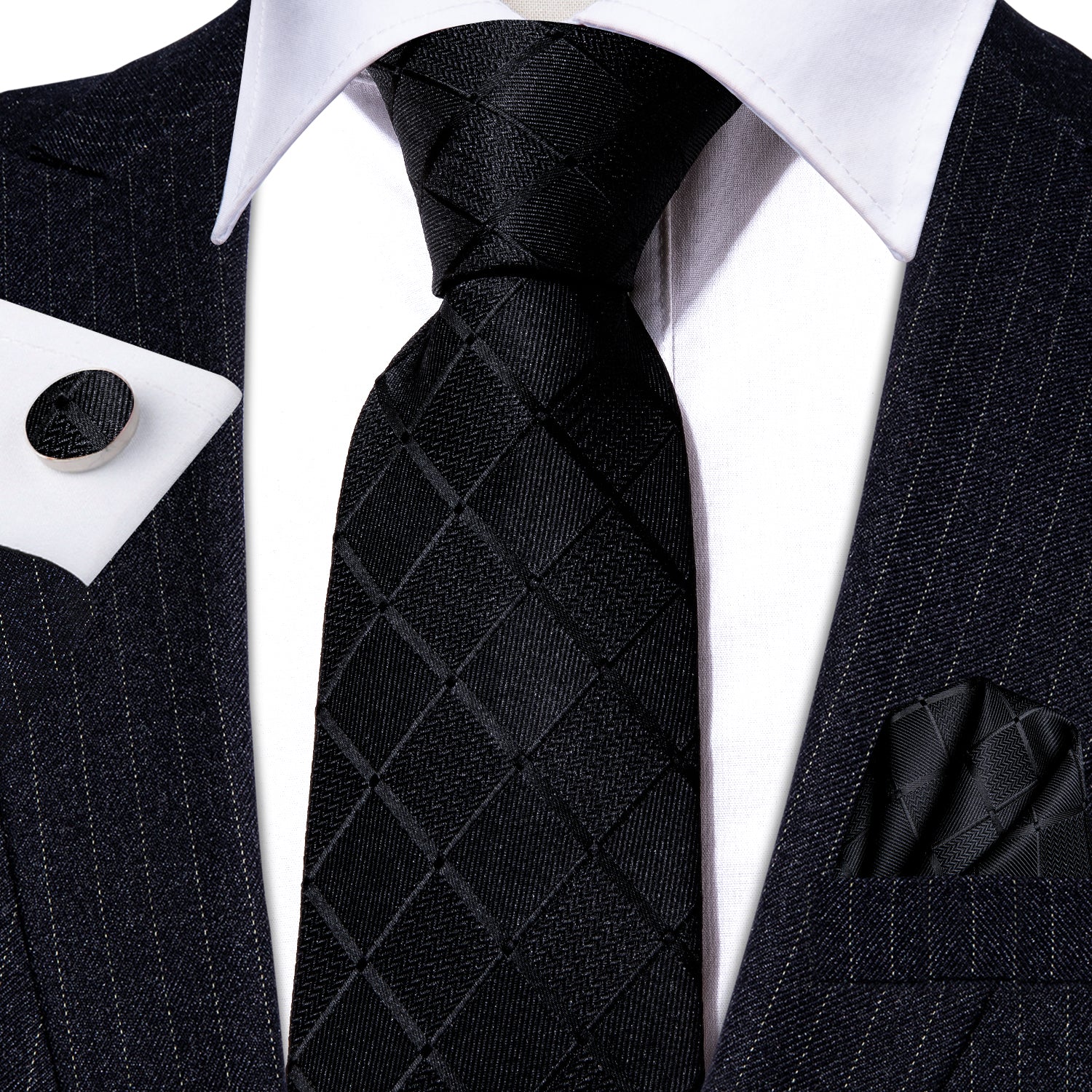 Barry.wang Black Tie Plaid Silk Men's Tie Set Tie Pocket Square Cufflinks Set