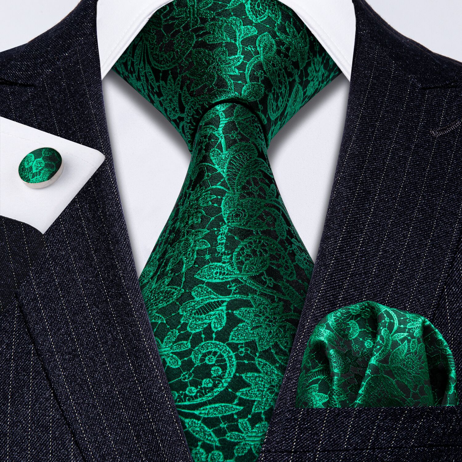 Barry Wang Floral Tie Fluorescent Green Paisley Silk Tie Hanky Cufflinks Set