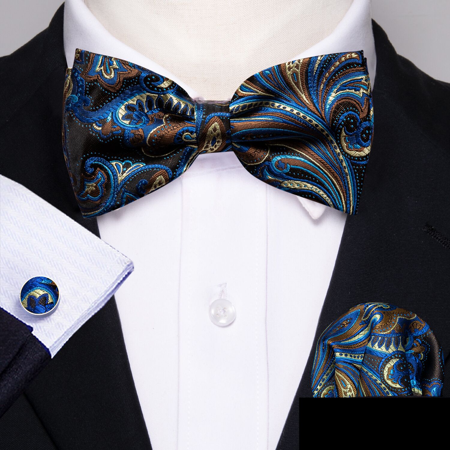Blue Brown Paisley Pre-tied Bow Tie Hanky Cufflinks Set