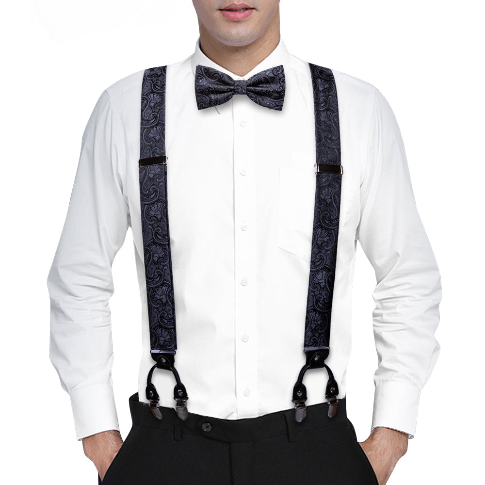 Black Tie Floral Y Back Adjustable Bow Tie Suspenders